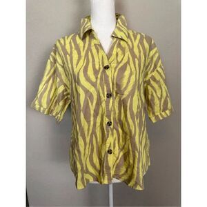 B.Young Yellow Zebra Print Linen Blend Short Sleeve Button Down Shirt Size 38